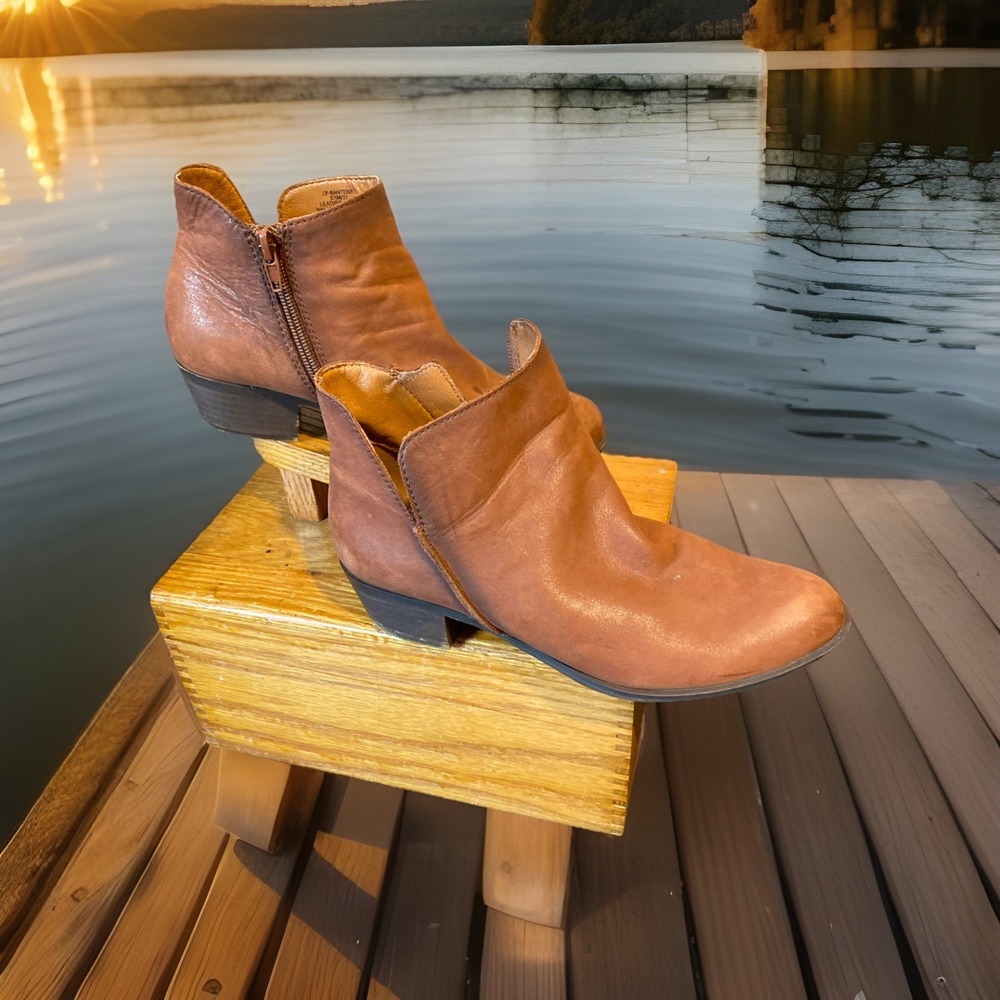 Lucky Brand Womens Size 6.5M Banterr Leather Ankle Booties Brown Side Zip Winter